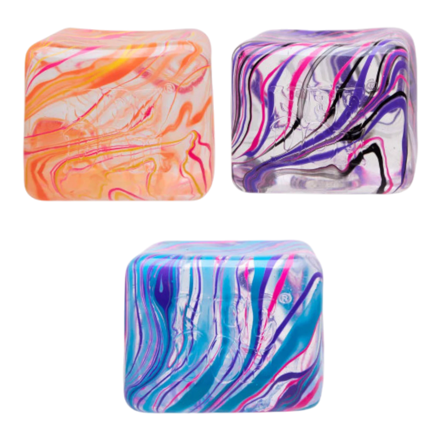 Squish Planet NeeDoh Jumbo Swirl Nice Berg fidget toy in orange, purple, and blue multicolor swirl patterns.