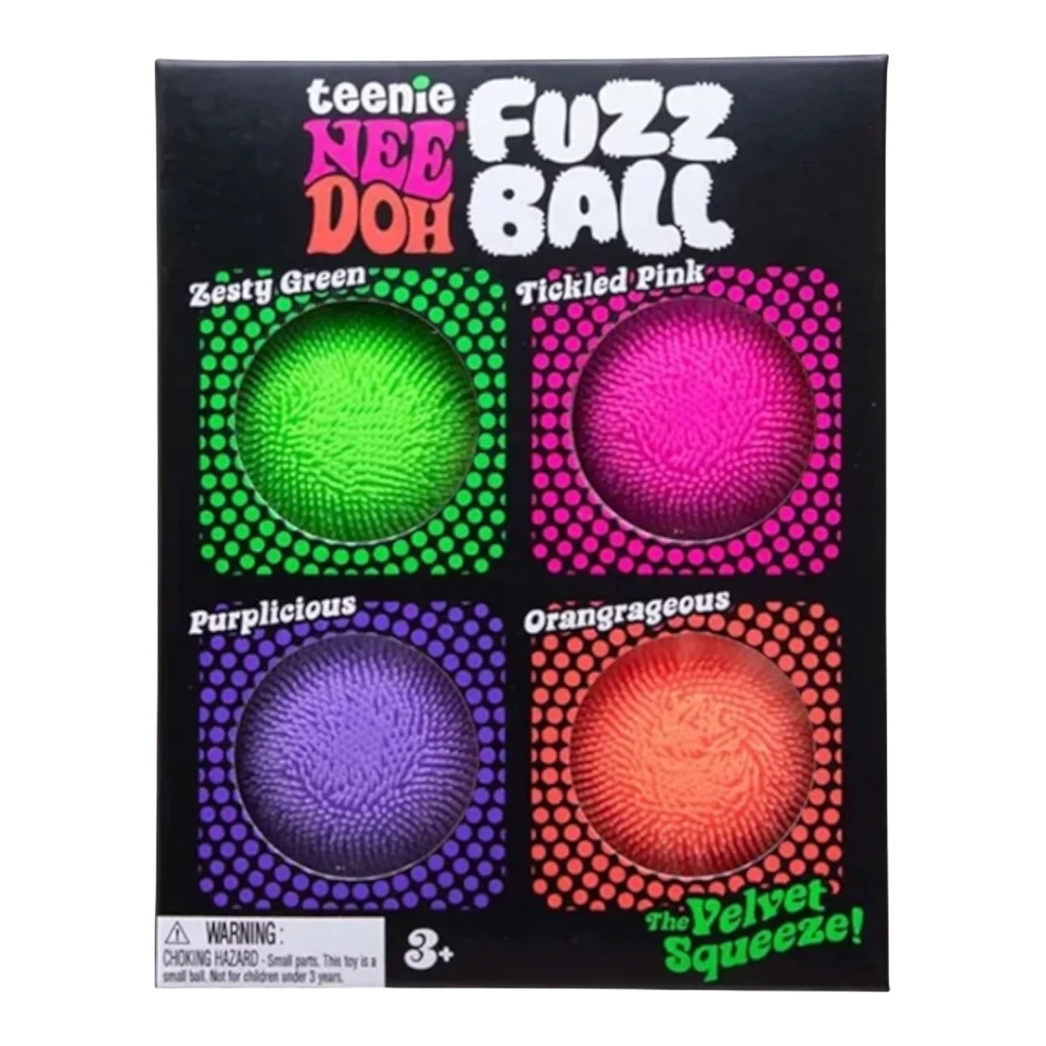 Squish Planet NeeDoh Teenie Fuzz Ball multi-pack features four small, fuzzy, squishy fidget balls in green, pink, purple, and orange.