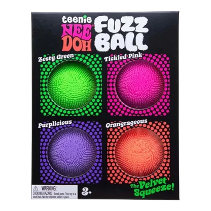 Squish Planet NeeDoh Teenie Fuzz Ball multi-pack features four small, fuzzy, squishy fidget balls in green, pink, purple, and orange.