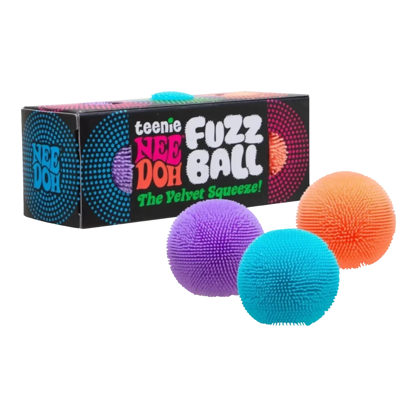 Squish Planet NeeDoh Teenie Fuzz Ball multi-pack featuring purple, blue, and orange fuzzy textured squishy fidget toys.