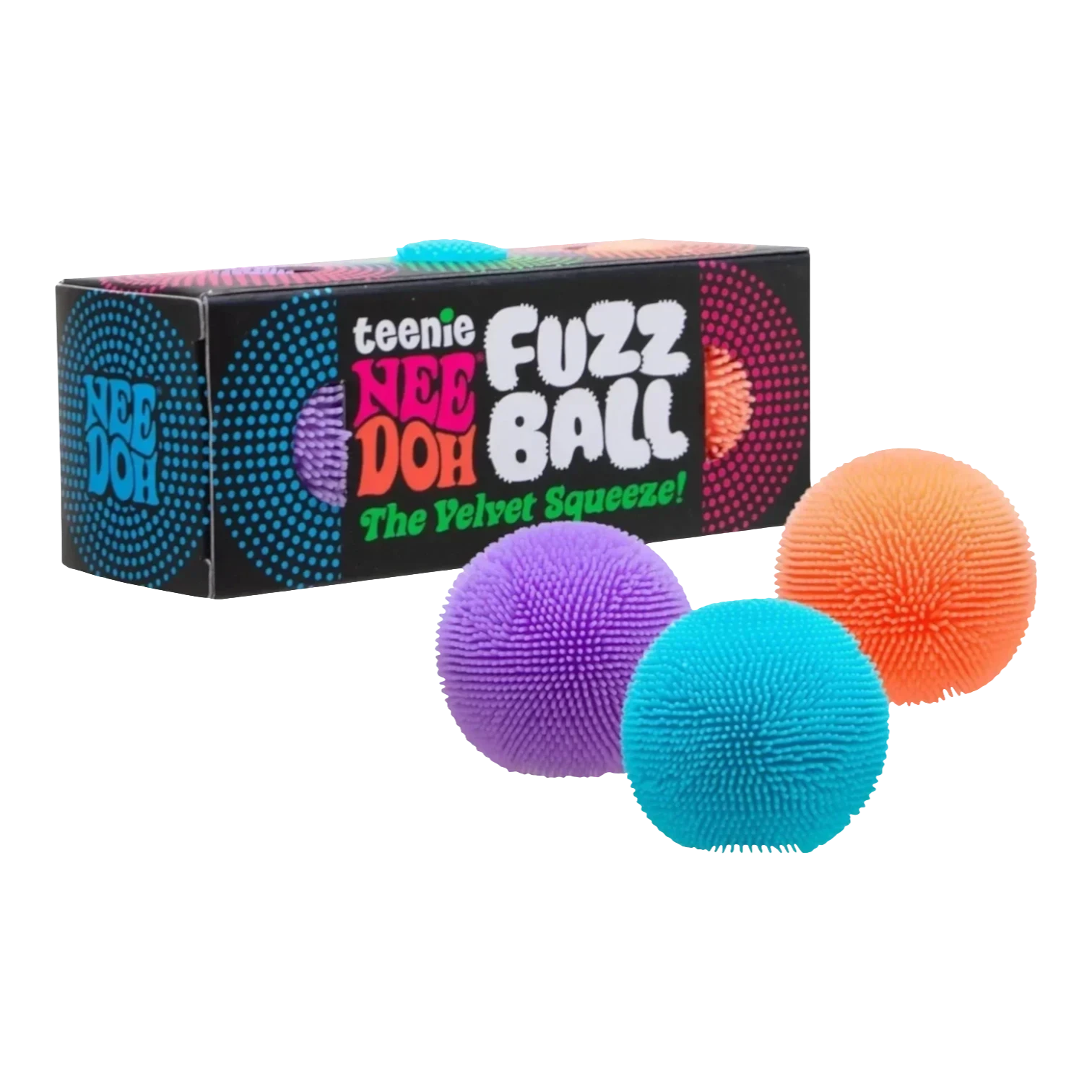 Squish Planet NeeDoh Teenie Fuzz Ball multi-pack featuring purple, blue, and orange fuzzy textured squishy fidget toys.