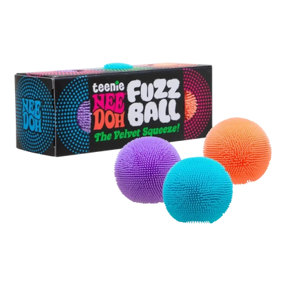 Squish Planet NeeDoh Teenie Fuzz Ball multi-pack featuring purple, blue, and orange fuzzy textured squishy fidget toys.