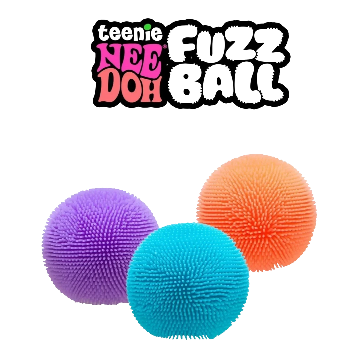 Squish Planet NeeDoh Teenie Fuzz Ball multi-pack: purple, blue, and orange fuzzy sensory fidget toys with squishy cores.