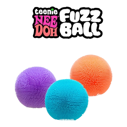 Squish Planet NeeDoh Teenie Fuzz Ball multi-pack: purple, blue, and orange fuzzy sensory fidget toys with squishy cores.