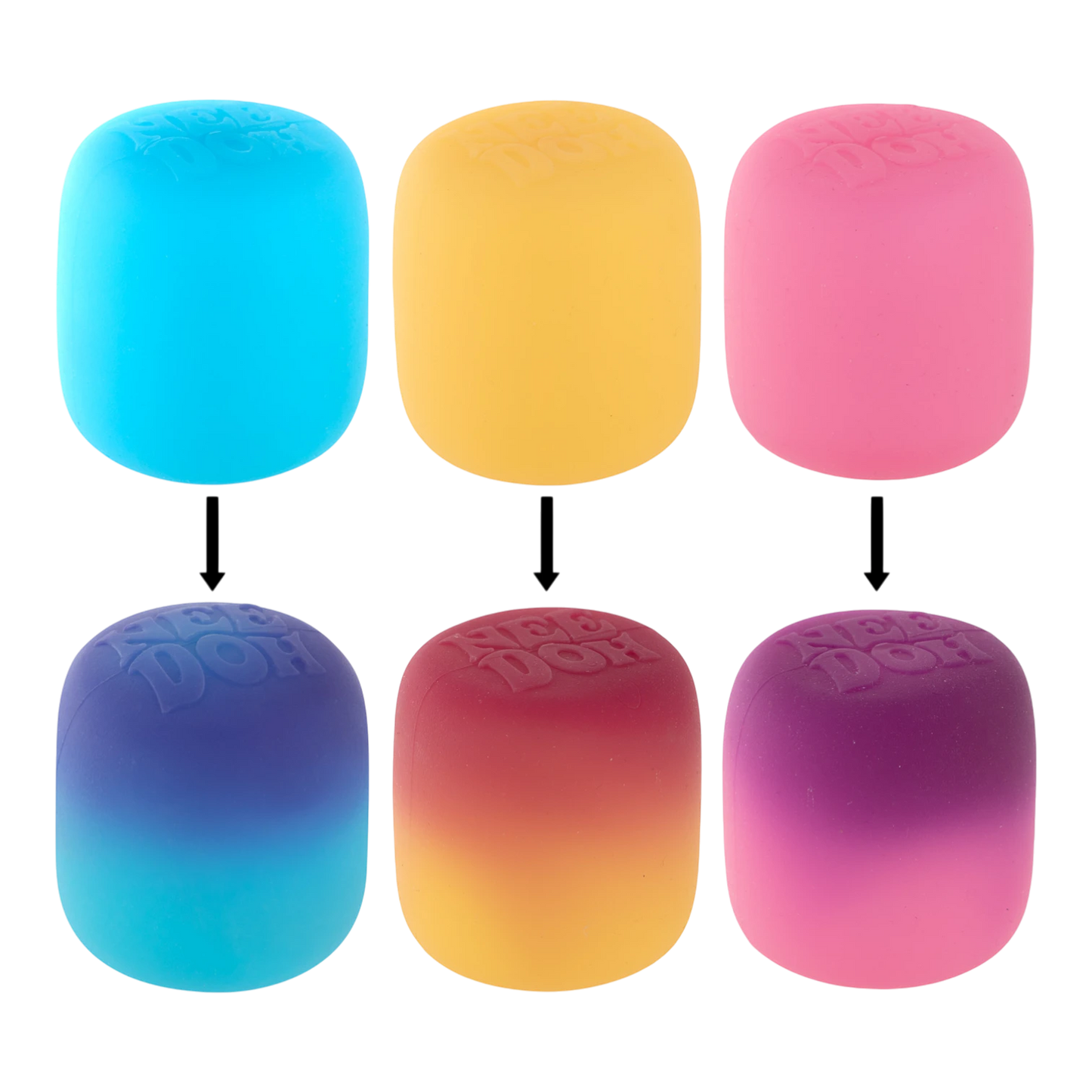 Squish Planet NeeDoh Mello Mallo fidget toys in blue, yellow, pink, blue-purple gradient, red-yellow gradient, and pink-purple gradient.