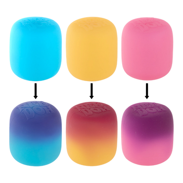 Squish Planet NeeDoh Mello Mallo fidget toys in blue, yellow, pink, blue-purple gradient, red-yellow gradient, and pink-purple gradient.