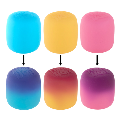 Squish Planet NeeDoh Mello Mallo fidget toys in blue, yellow, pink, blue-purple gradient, red-yellow gradient, and pink-purple gradient.