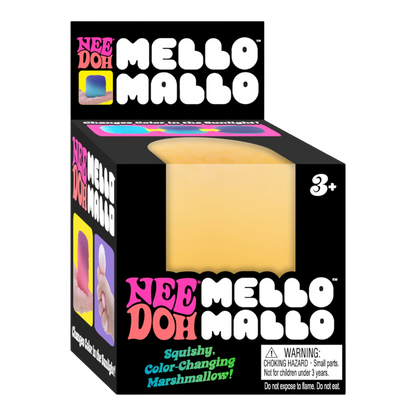 Squish Planet NeeDoh Mello Mallo squishy fidget toy, yellow marshmallow shape, color-changing in sunlight, stress relief.