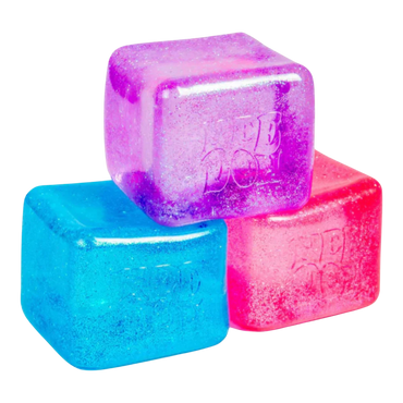 Squish Planet NeeDoh Nice Cube Glitter and Glow fidget toy in blue, pink, and purple. Soft squishy compound with glitter.