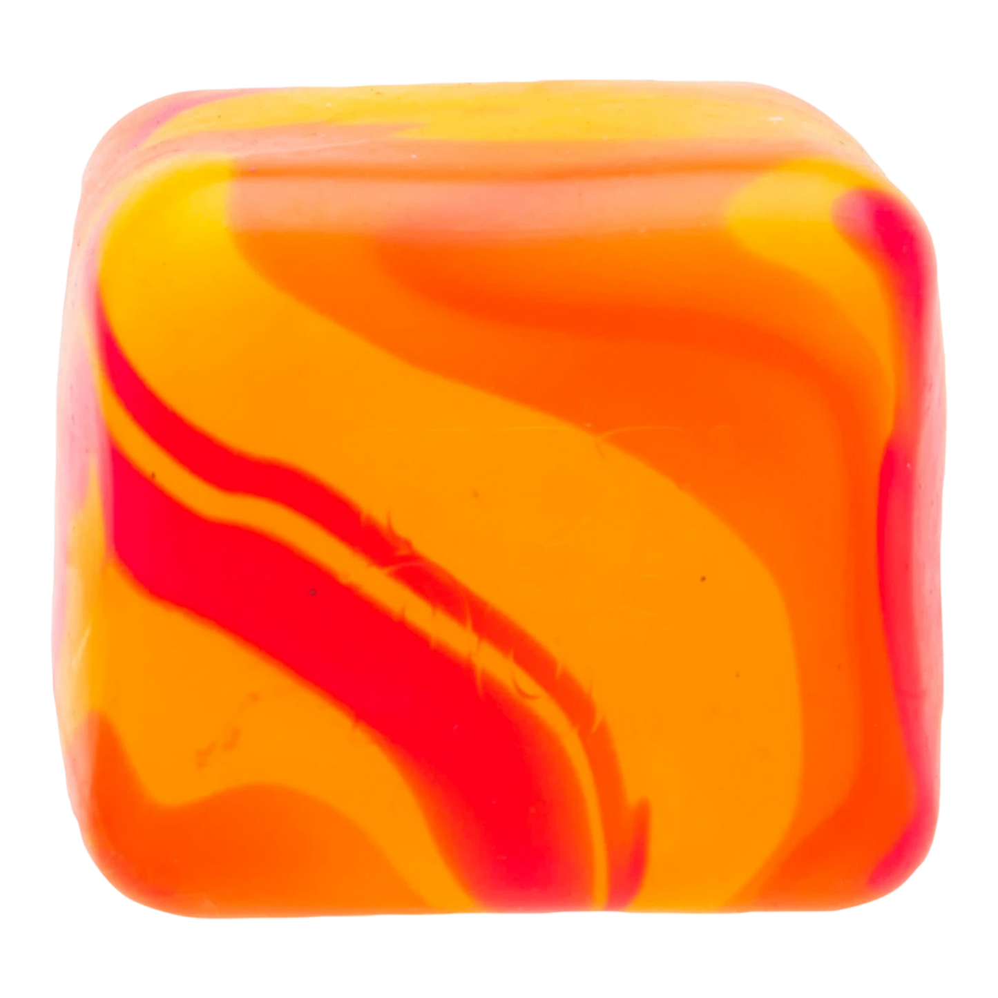 Squish Planet orange and red swirl cube fidget toy with slow-rising squish texture.