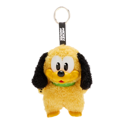 Squish Planet Disney Mickey Family Together Series Pluto plush keychain, yellow with black ears and green collar.