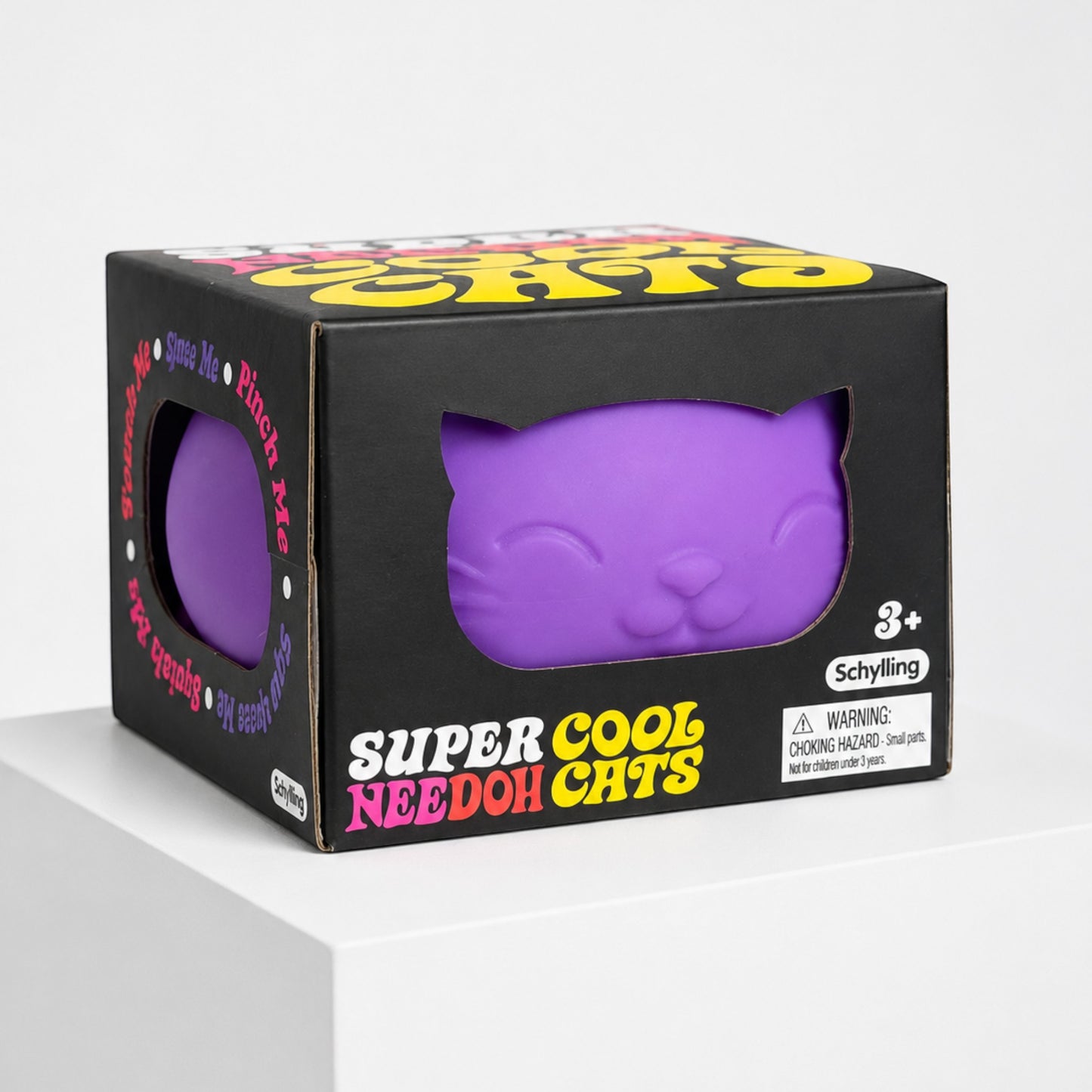 Squish Planet purple NeeDoh Super Cool Cat squishy fidget toy inside its black branded display box