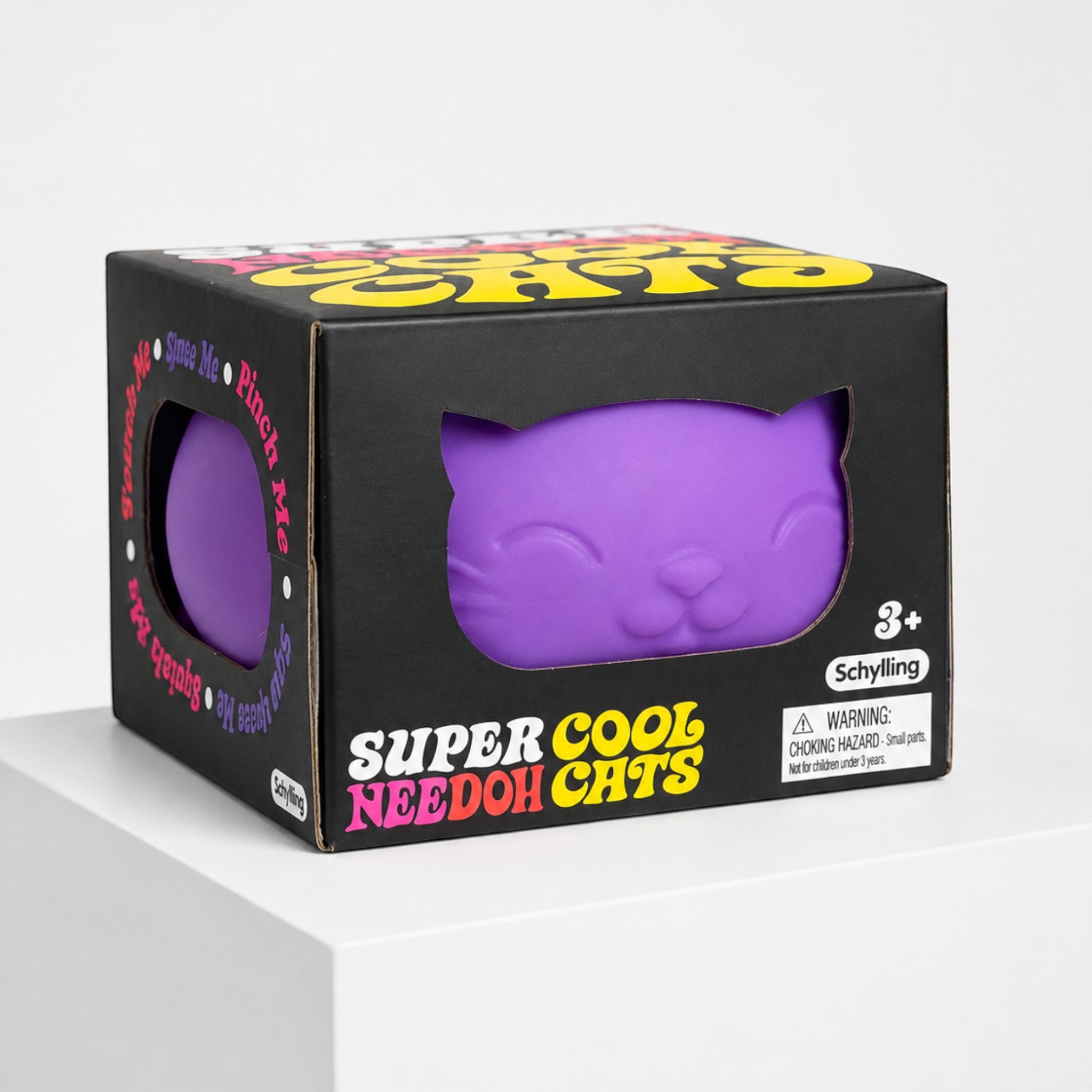 Squish Planet purple NeeDoh Super Cool Cat squishy fidget toy inside its black branded display box
