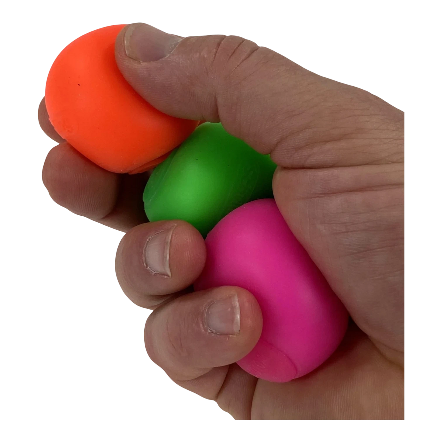 Squish Planet three-pack of neon sensory stress balls in orange, green, and pink, held in a hand.