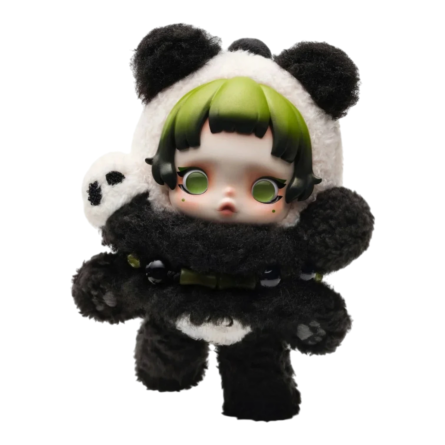 Squish Planet Skullpanda Lazy Panda plush doll pendant with green hair and large green eyes, wearing a panda costume.