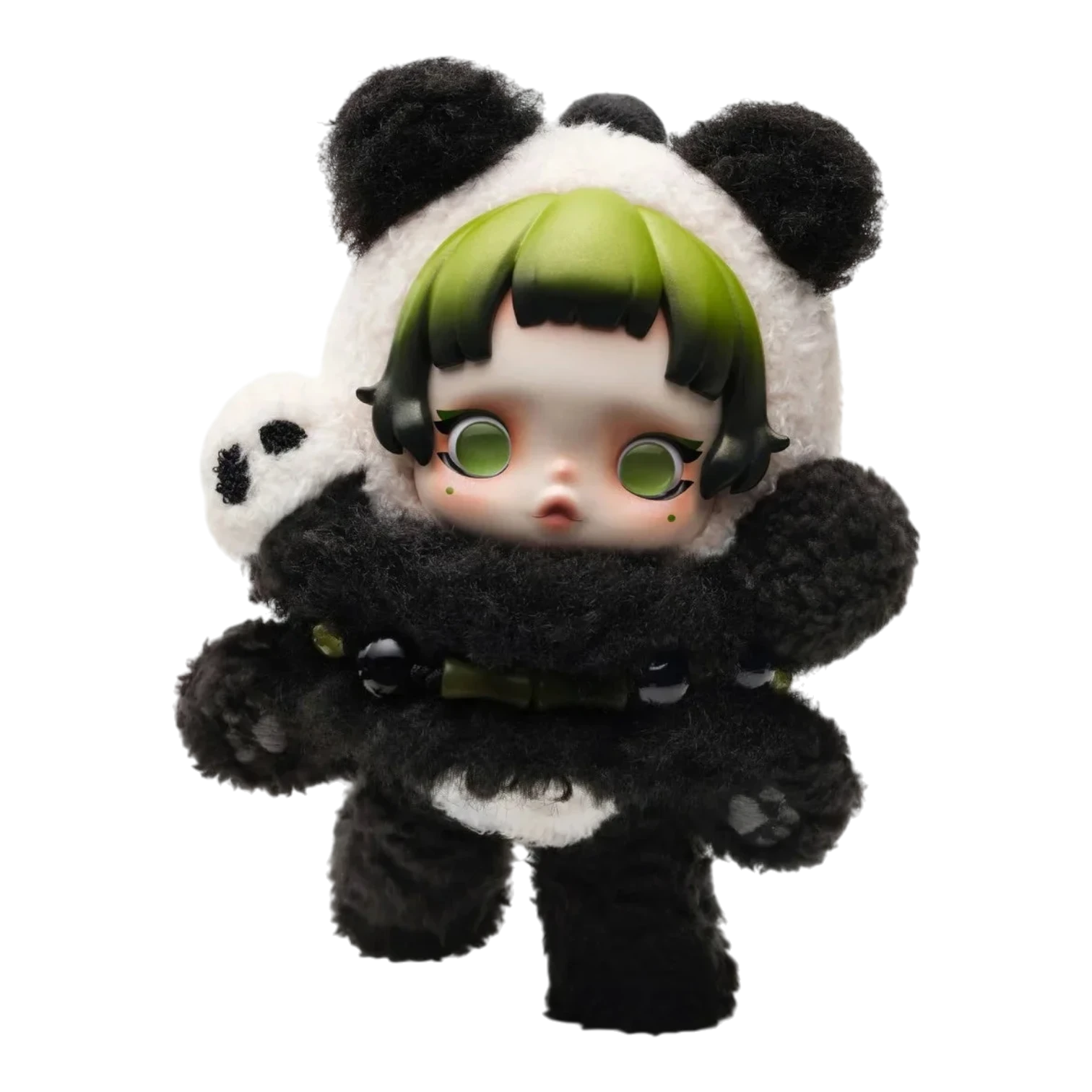 Squish Planet Skullpanda Lazy Panda plush doll pendant with green hair and large green eyes, wearing a panda costume.