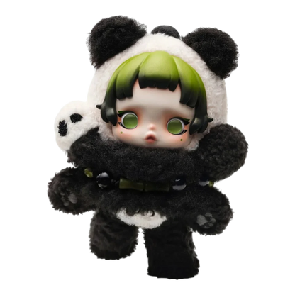 Squish Planet Skullpanda Lazy Panda plush doll pendant with green hair and large green eyes, wearing a panda costume.