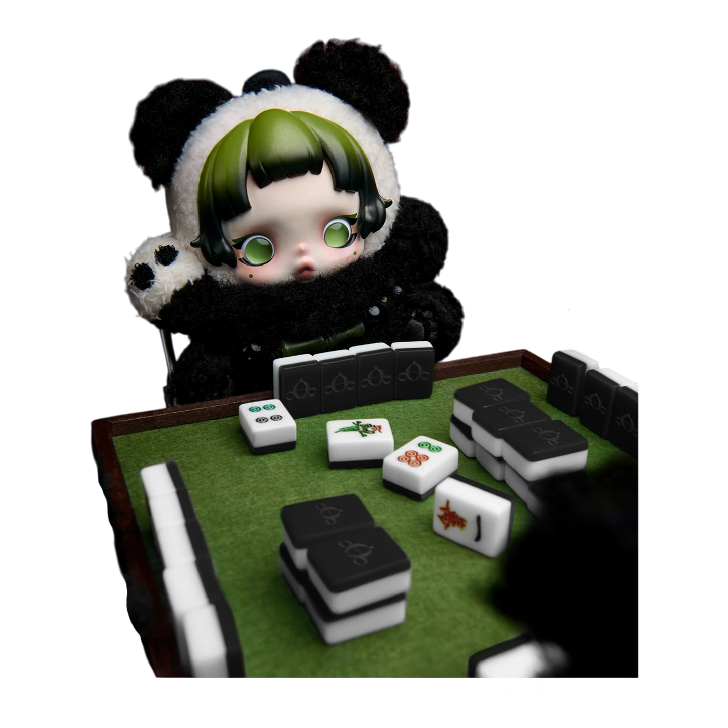 Squish Planet Skullpanda Lazy Panda plush doll pendant with green hair and big eyes, playing mahjong.