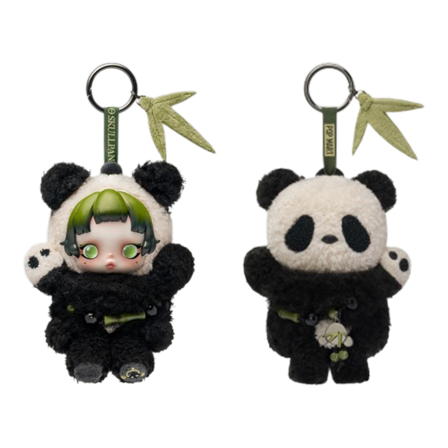 Squish Planet Pop Mart Skullpanda Lazy Panda plush doll pendant with green hair and big eyes, black and white panda costume.