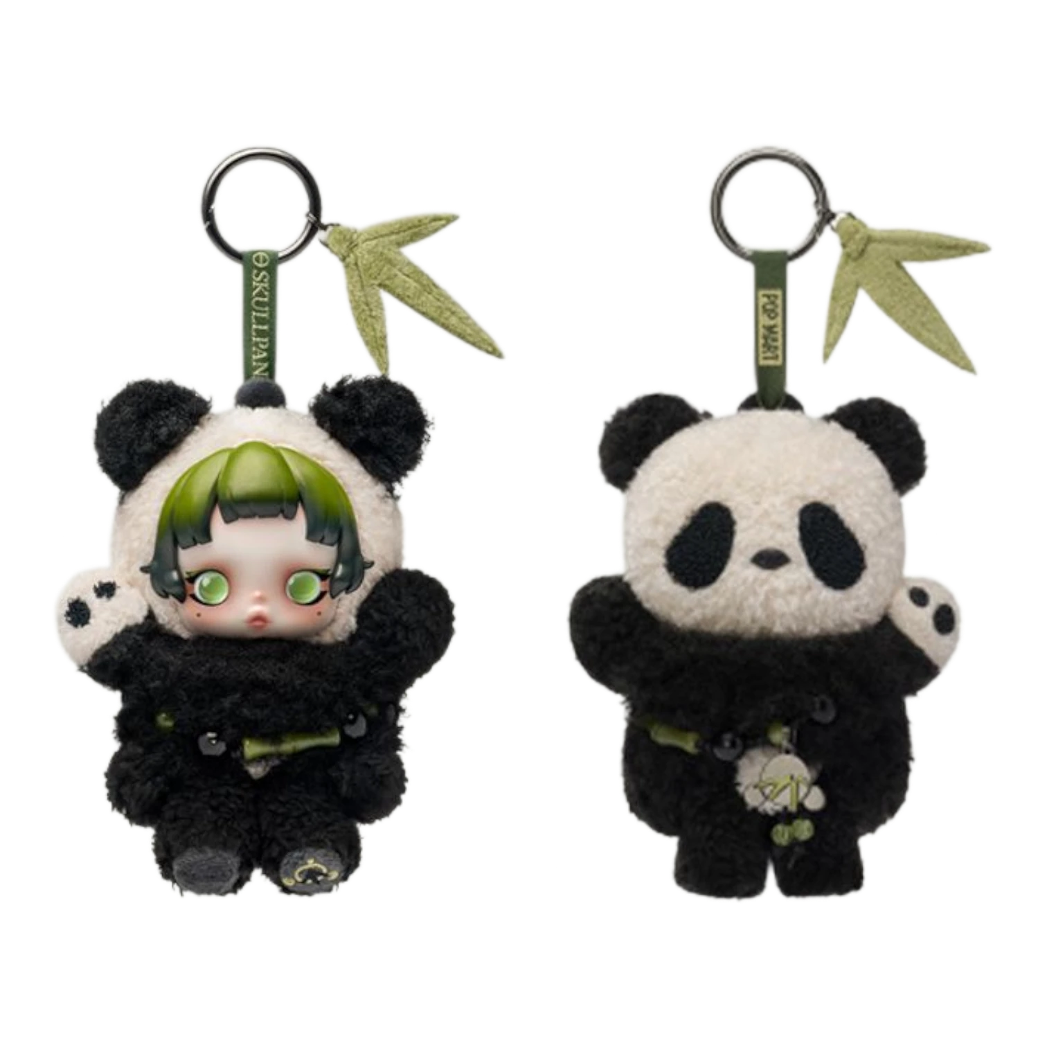 Squish Planet Pop Mart Skullpanda Lazy Panda plush doll pendant with green hair and big eyes, black and white panda costume.