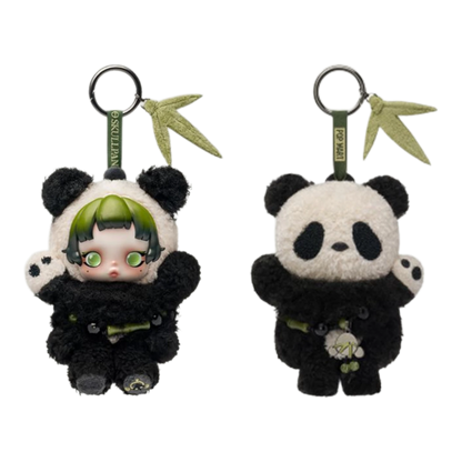 Squish Planet Pop Mart Skullpanda Lazy Panda plush doll pendant with green hair and big eyes, black and white panda costume.
