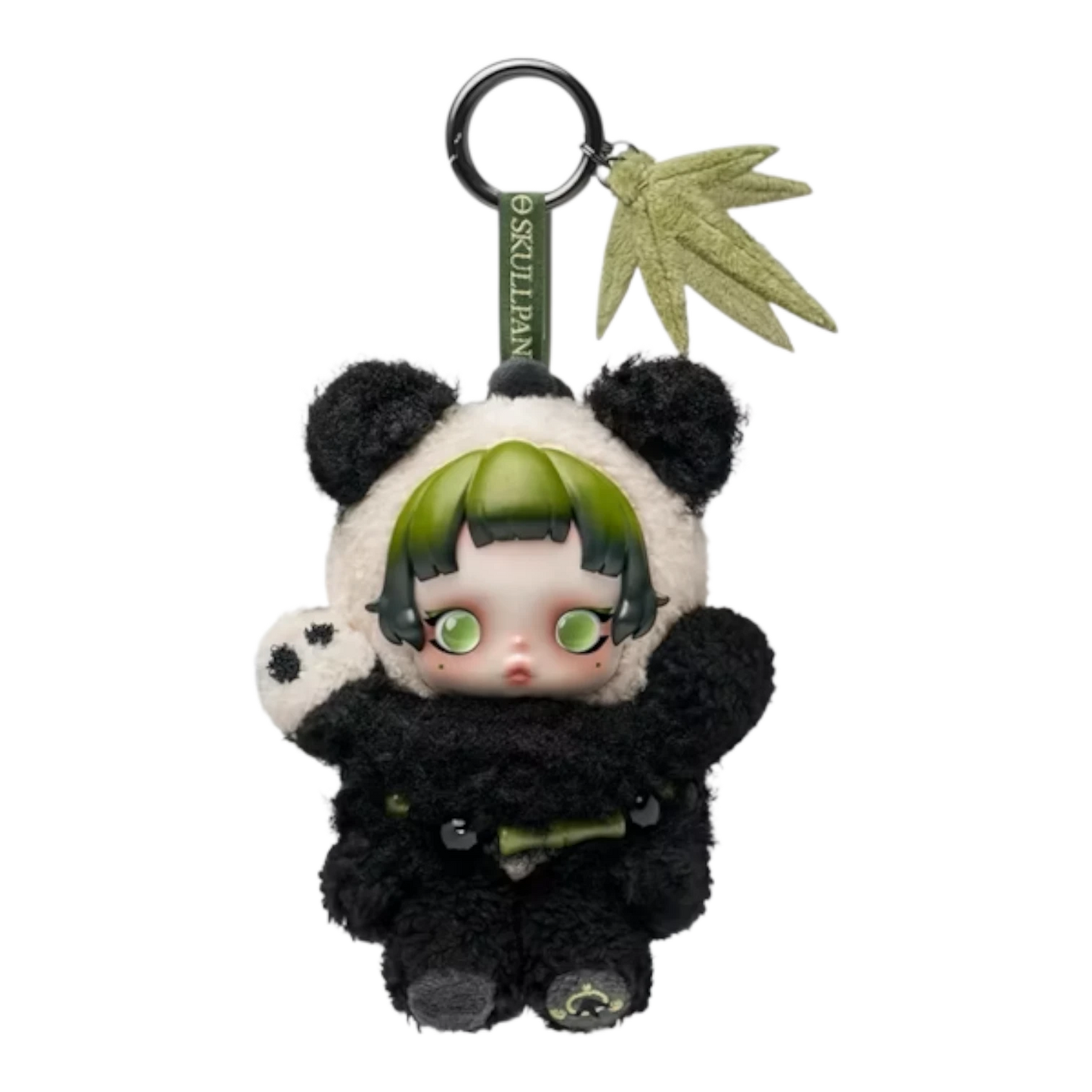 Squish Planet Skullpanda Lazy Panda plush doll pendant with green hair and big eyes, wearing a panda costume.