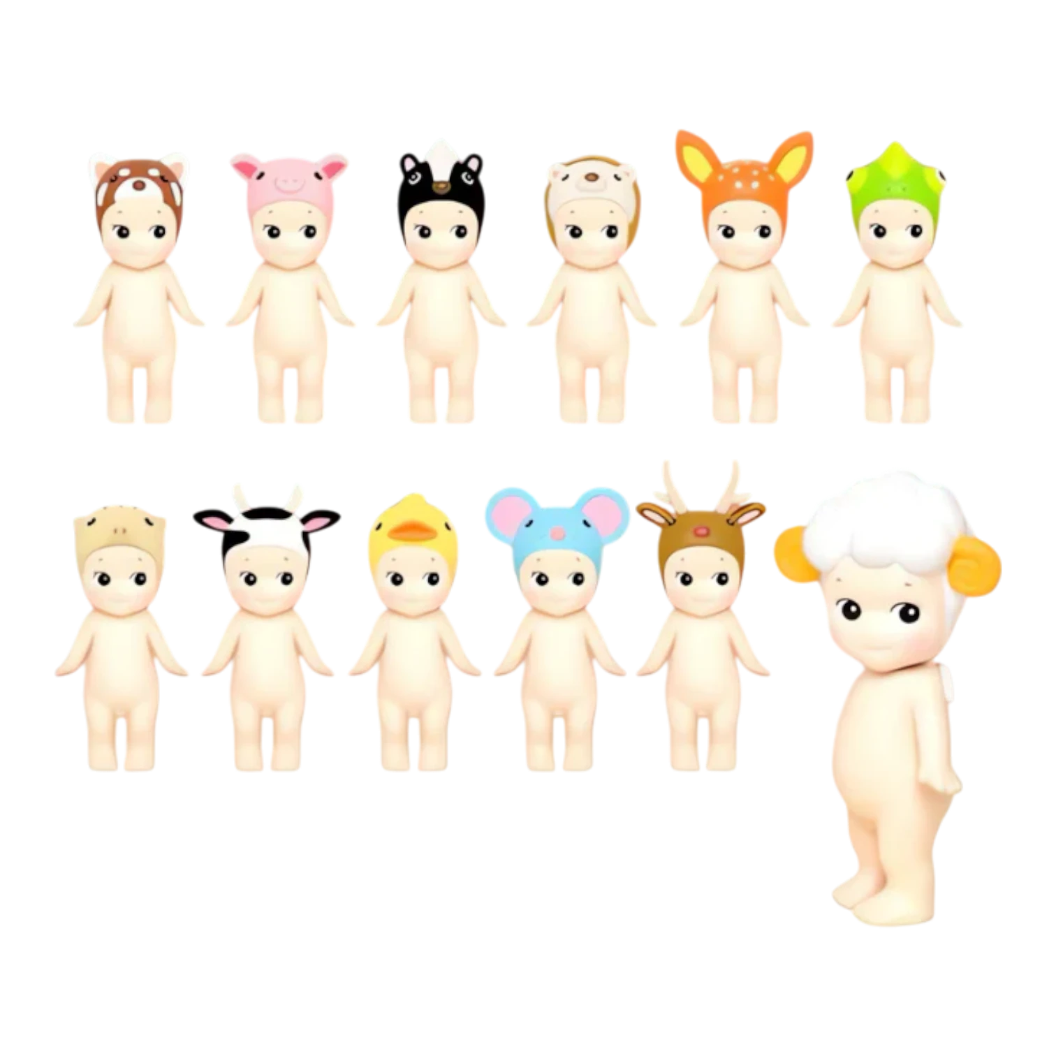 Squish Planet Sonny Angel Animal Series Ver.2 collectible PVC figures with animal-themed headgear. Features pig, cow, deer, duck, mouse, and sheep designs.