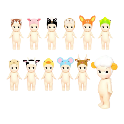 Squish Planet Sonny Angel Animal Series Ver.2 collectible PVC figures with animal-themed headgear. Features pig, cow, deer, duck, mouse, and sheep designs.