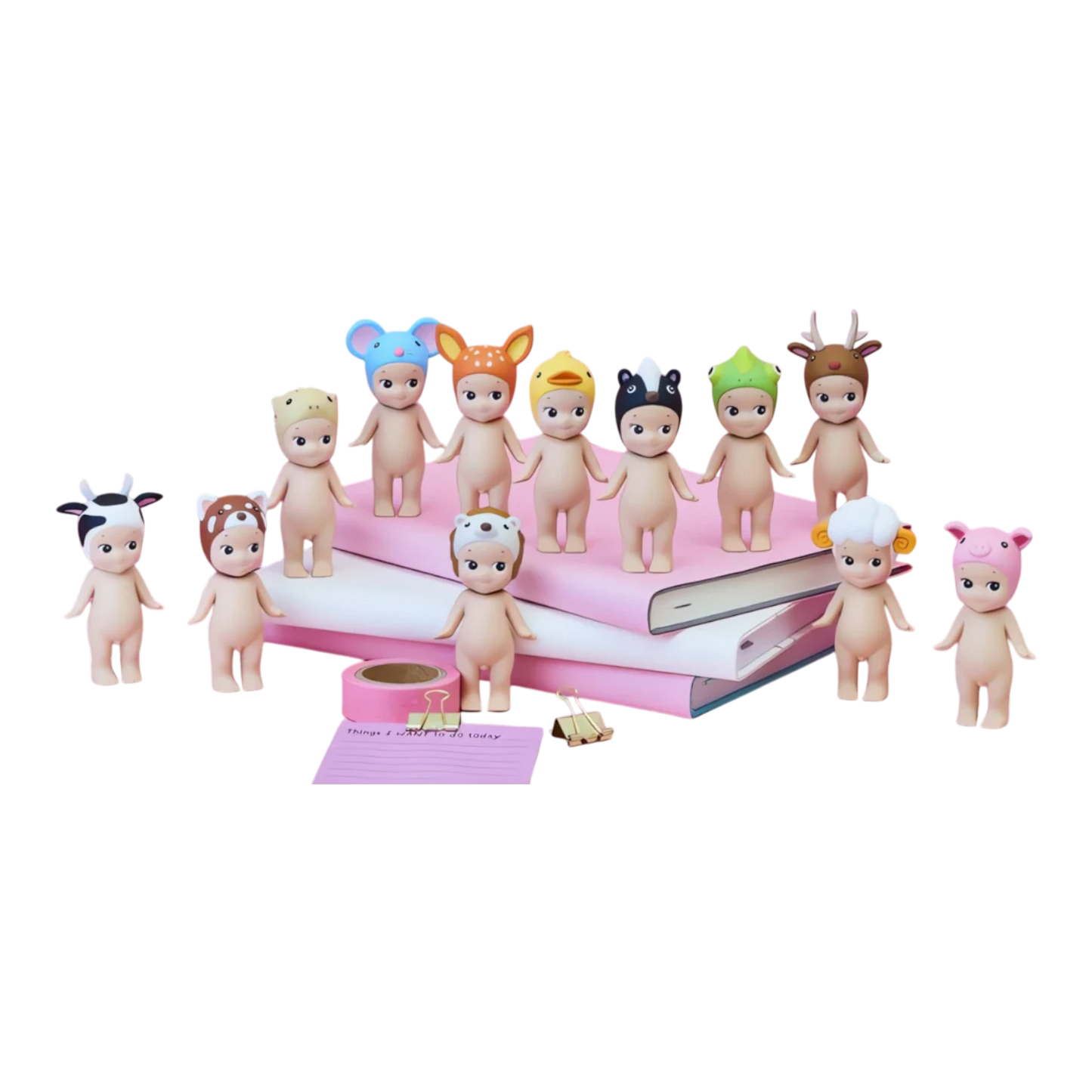 Squish Planet Sonny Angel Animal Series Ver.2 blind box figures with animal hats: cow, bear, sheep, deer, duck, raccoon, frog, and pig.