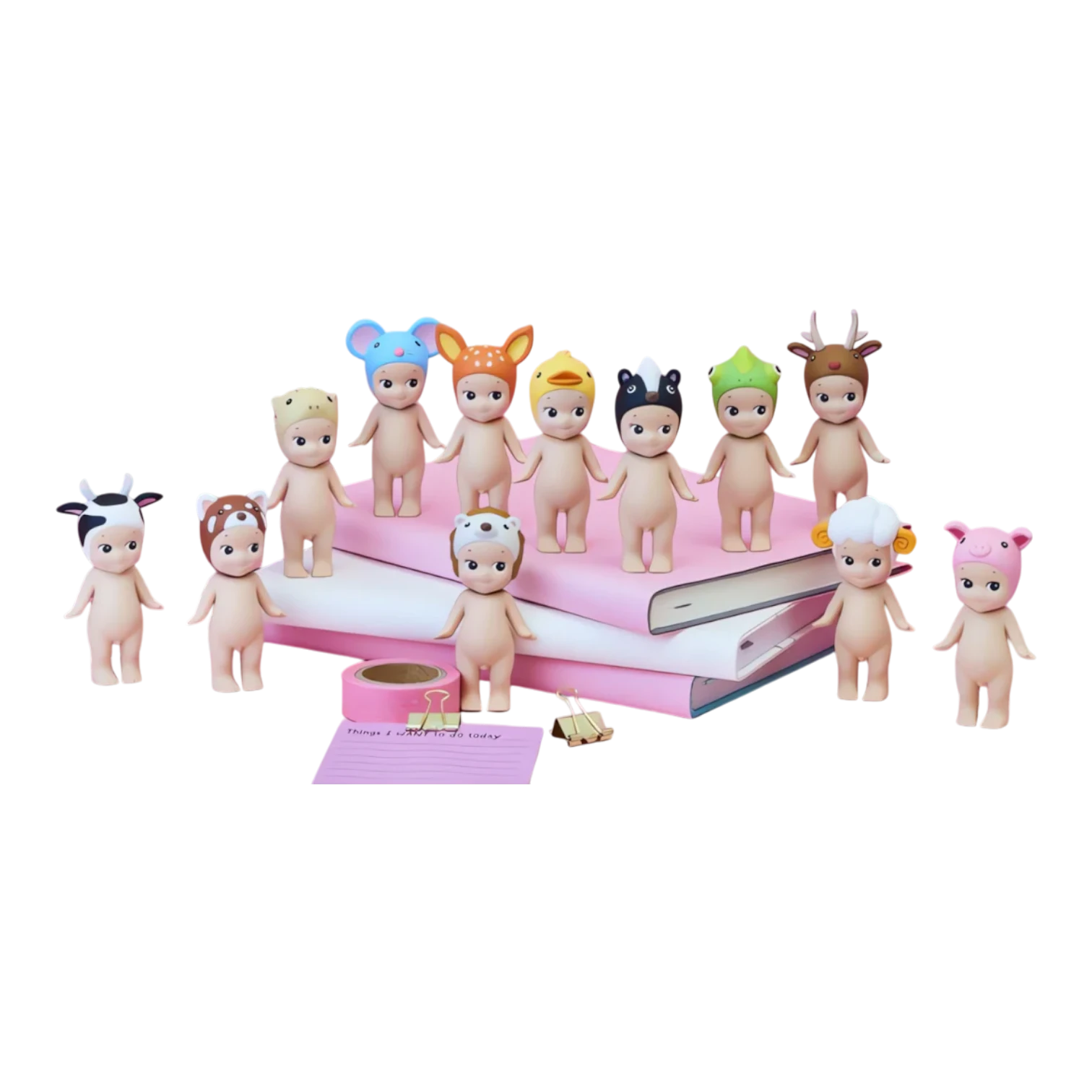 Squish Planet Sonny Angel Animal Series Ver.2 blind box figures with animal hats: cow, bear, sheep, deer, duck, raccoon, frog, and pig.