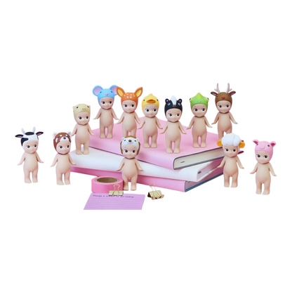 Squish Planet Sonny Angel Animal Series Ver.2 blind box figures with animal hats: cow, bear, sheep, deer, duck, raccoon, frog, and pig.