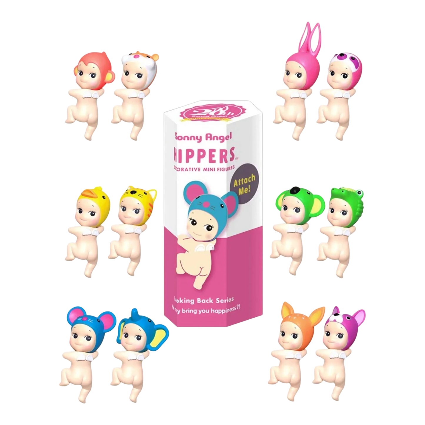 Squish Planet Sonny Angel HIPPERS Looking Back Series blind box with assorted animal-themed figures. PVC collectible.