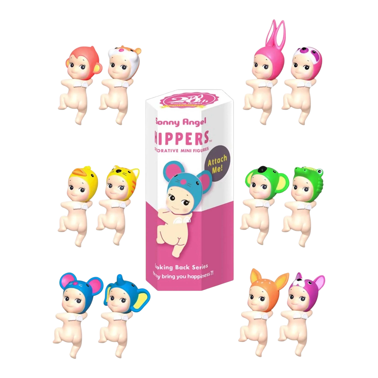 Squish Planet Sonny Angel HIPPERS Looking Back Series blind box with assorted animal-themed figures. PVC collectible.