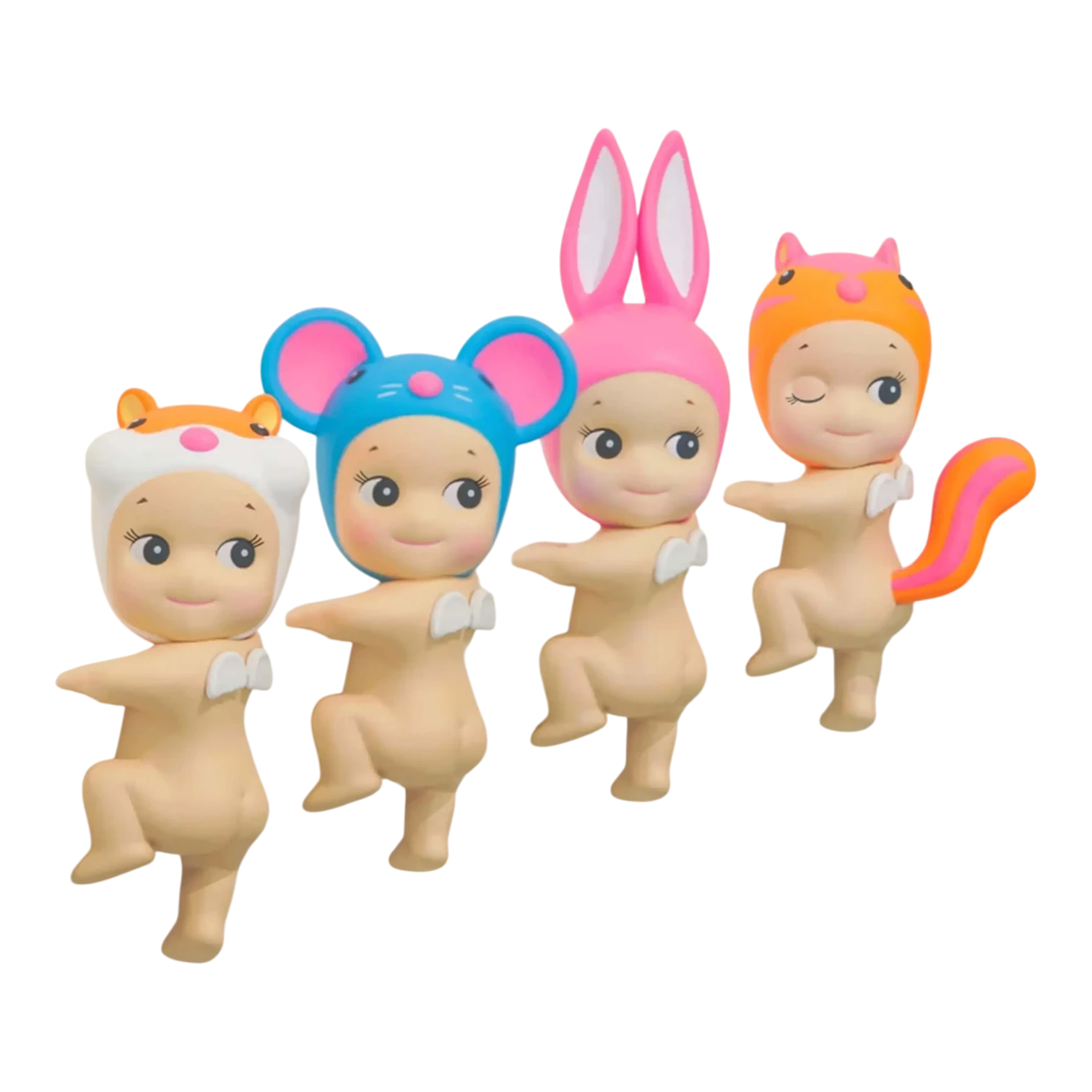 Squish Planet Sonny Angel HIPPERS Looking Back Series blind box figures: hamster, mouse, bunny, and cat designs. PVC collectibles.