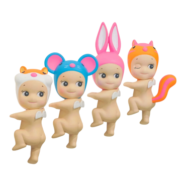 Squish Planet Sonny Angel HIPPERS Looking Back Series blind box figures: hamster, mouse, bunny, and cat designs. PVC collectibles.