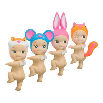 Squish Planet Sonny Angel HIPPERS Looking Back Series blind box figures: hamster, mouse, bunny, and cat designs. PVC collectibles.