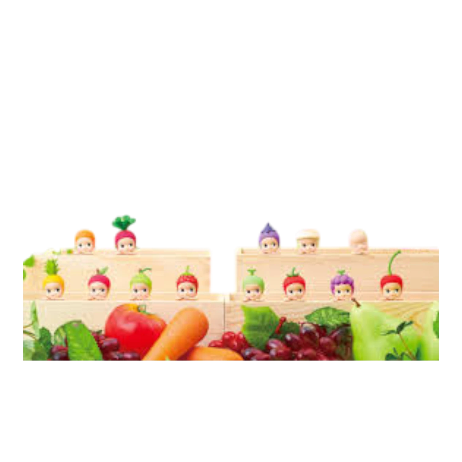 Squish Planet Sonny Angel HIPPERS Decorative Harvest Series blind box collectible mini figures with fruit and vegetable headgear.