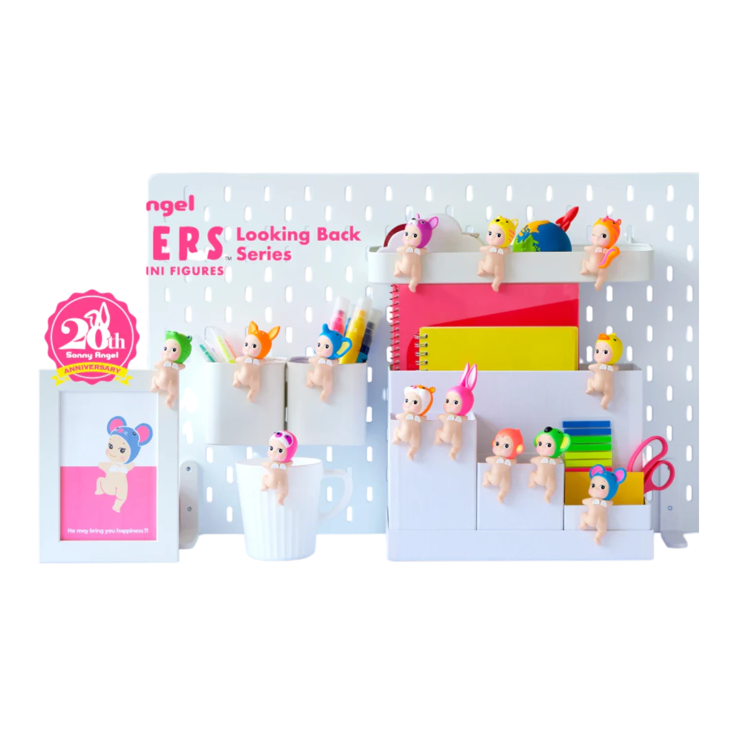 Squish Planet Sonny Angel HIPPERS Looking Back Series blind box collectible PVC figures with themed headgear, designed for flat surfaces.