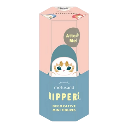 Squish Planet Sonny Angel Mofusand HIPPERS blind box featuring a cute cat character in a blue hood, perfect for decorating laptops and phones.