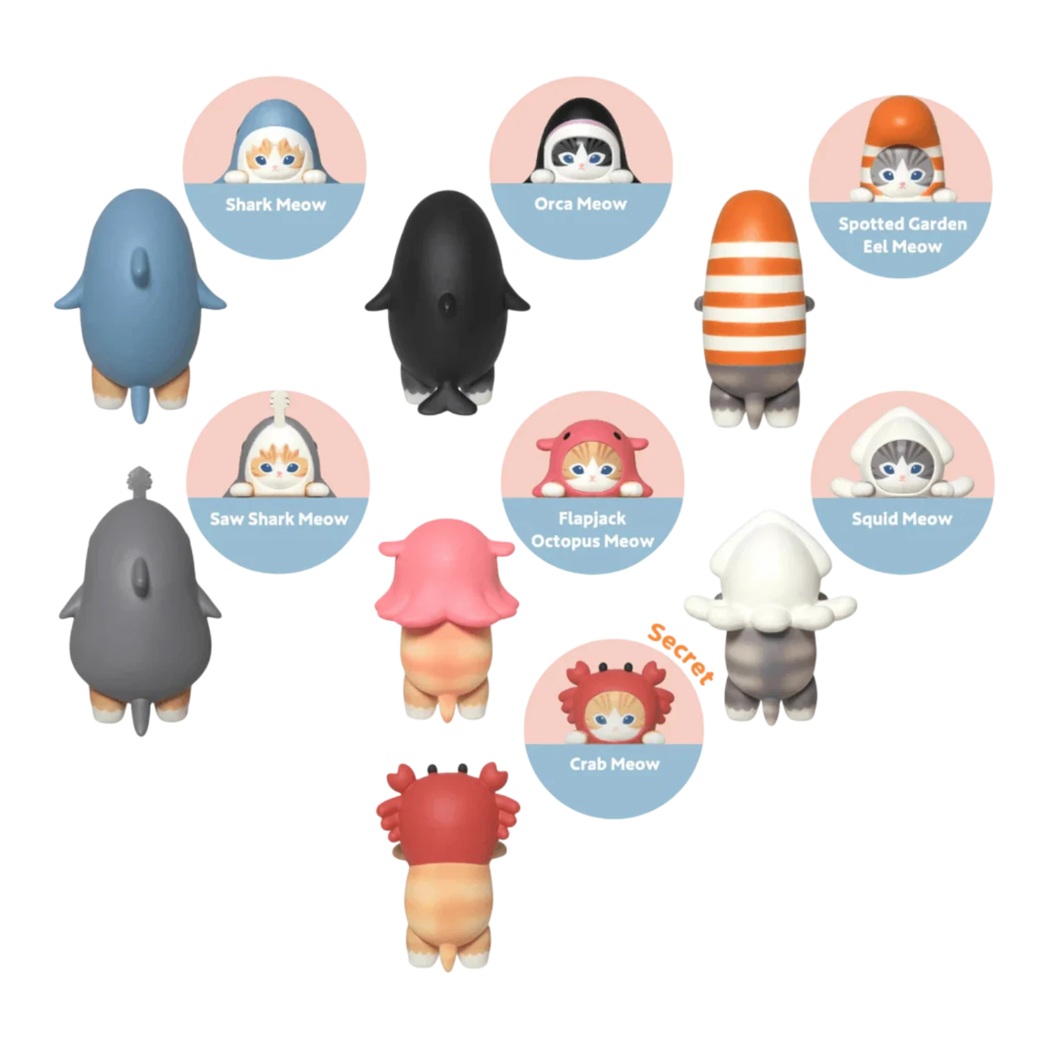 Squish Planet Sonny Angel Mofusand HIPPERS blind box collectible figures including Shark Meow, Orca Meow, Eel Meow, Saw Shark Meow, Octopus Meow, Squid Meow, Crab Meow, and a secret figure.