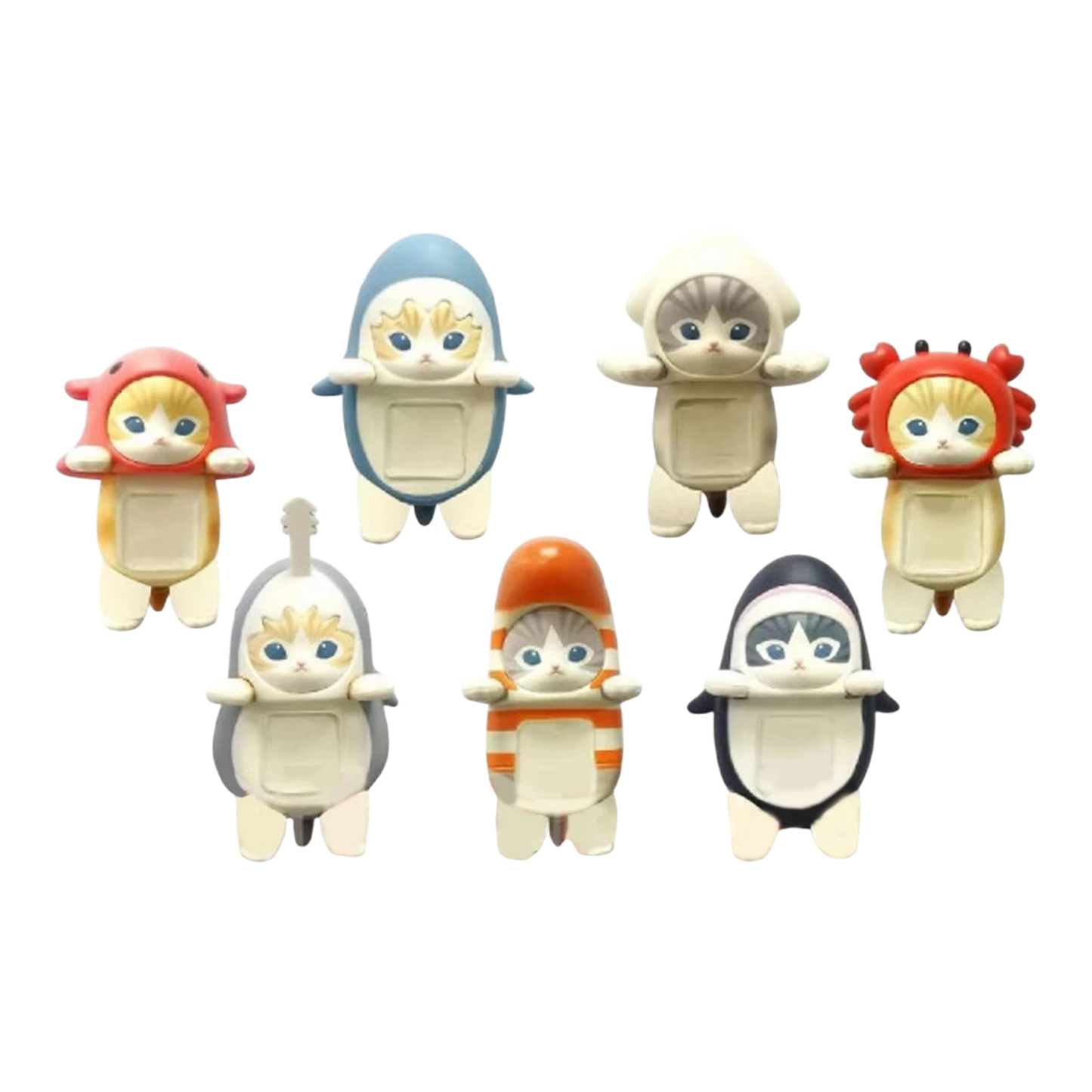 Squish Planet Sonny Angel Mofusand HIPPERS blind box collectible cat figures in various costumes: crab, shark, squid, penguin, and more. PVC.