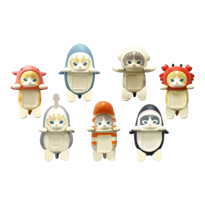 Squish Planet Sonny Angel Mofusand HIPPERS blind box collectible cat figures in various costumes: crab, shark, squid, penguin, and more. PVC.