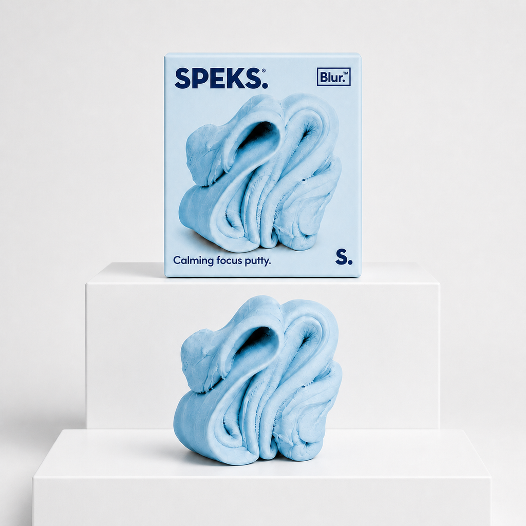 Lagoon blue Speks Blur Focus Putty with matching box on a neutral white studio background