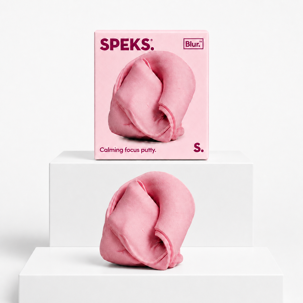 Blush pink Speks Blur Focus Putty with matching box on a neutral white studio background