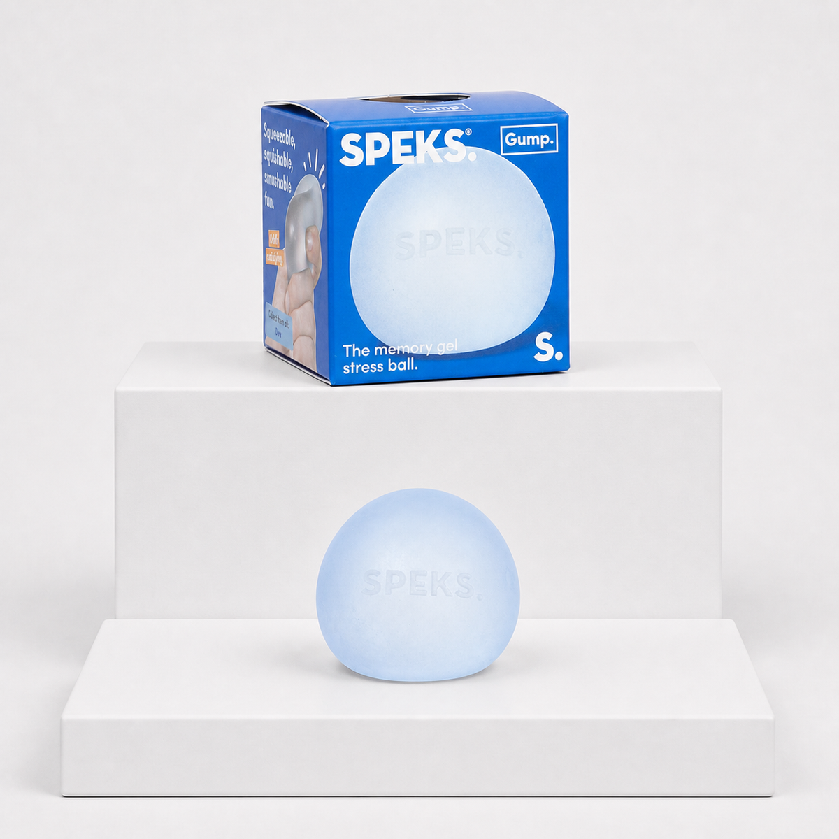 Speks Gump Memory Gel Stress Ball in Dew with matching blue retail package