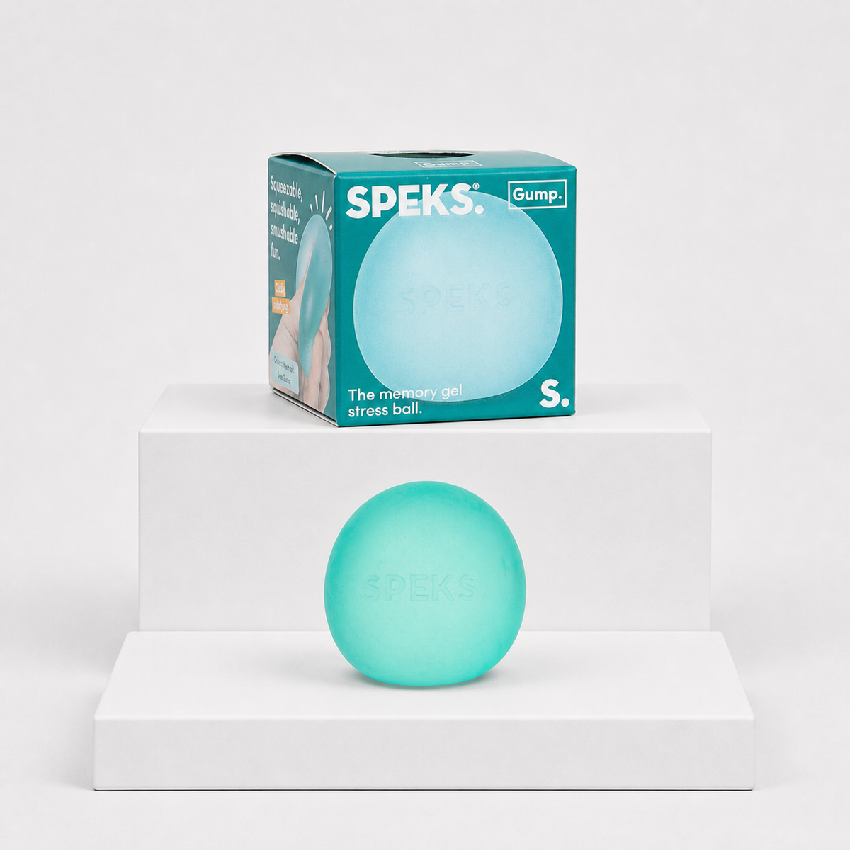 Speks Gump Memory Gel Stress Ball in Sea Glass with matching teal retail package