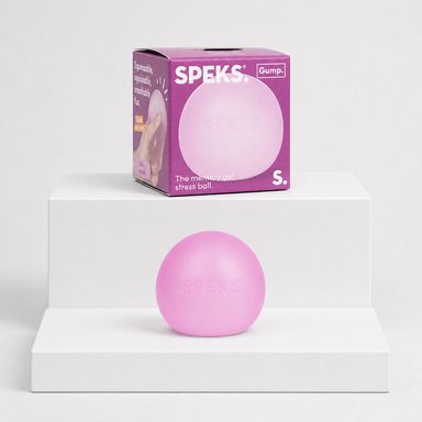 Speks Gump Memory Gel Stress Ball in Moon Jelly with matching pink retail package