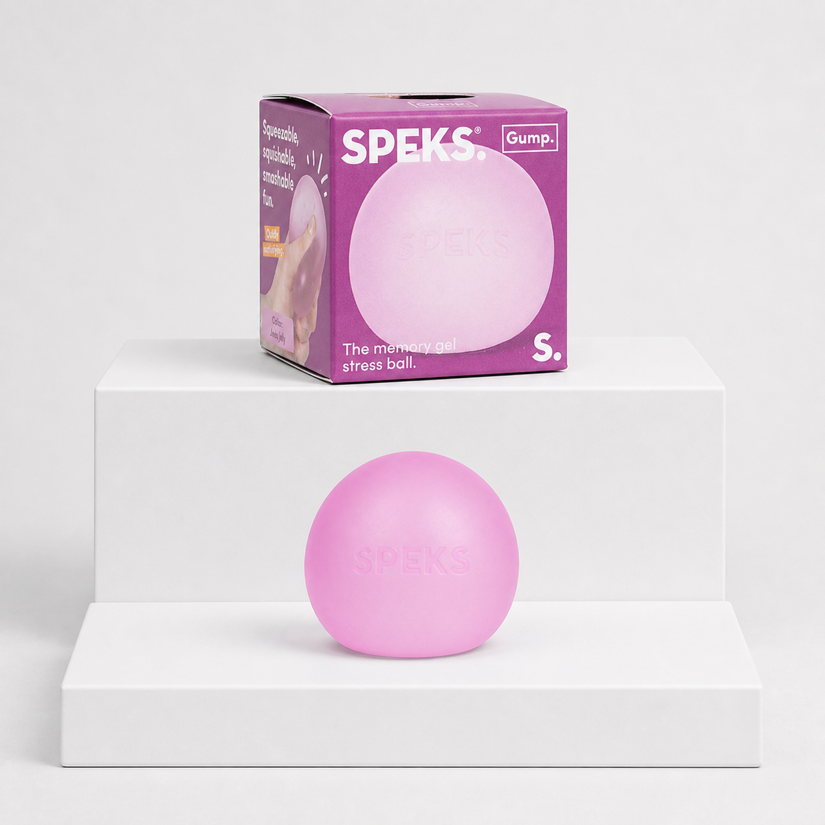 Speks Gump Memory Gel Stress Ball in Moon Jelly with matching pink retail package