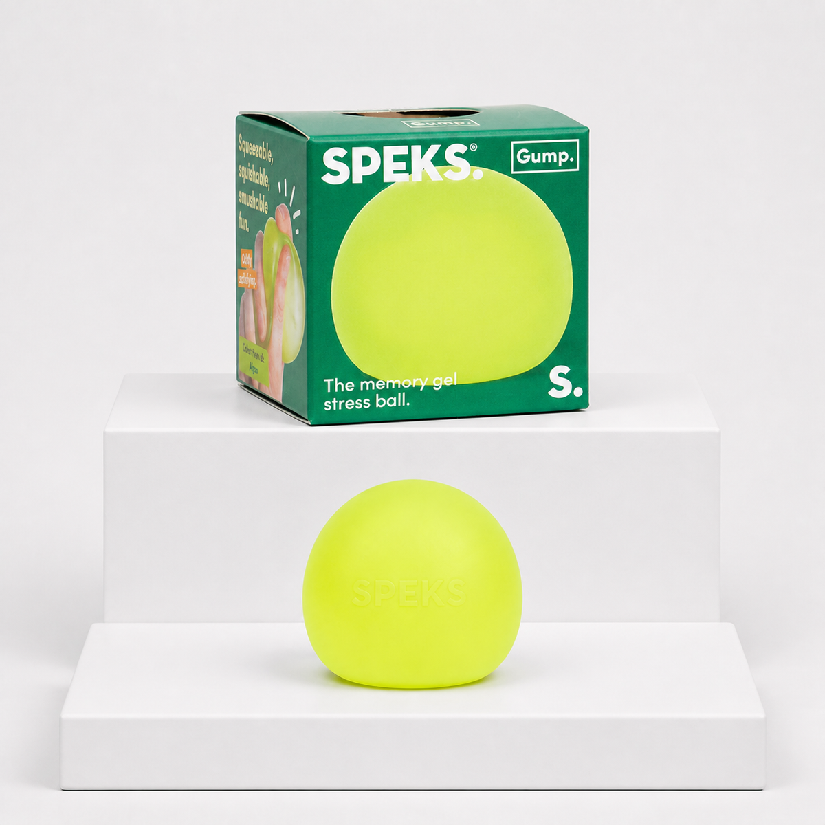 Speks Gump Memory Gel Stress Ball in Algae with matching green retail package