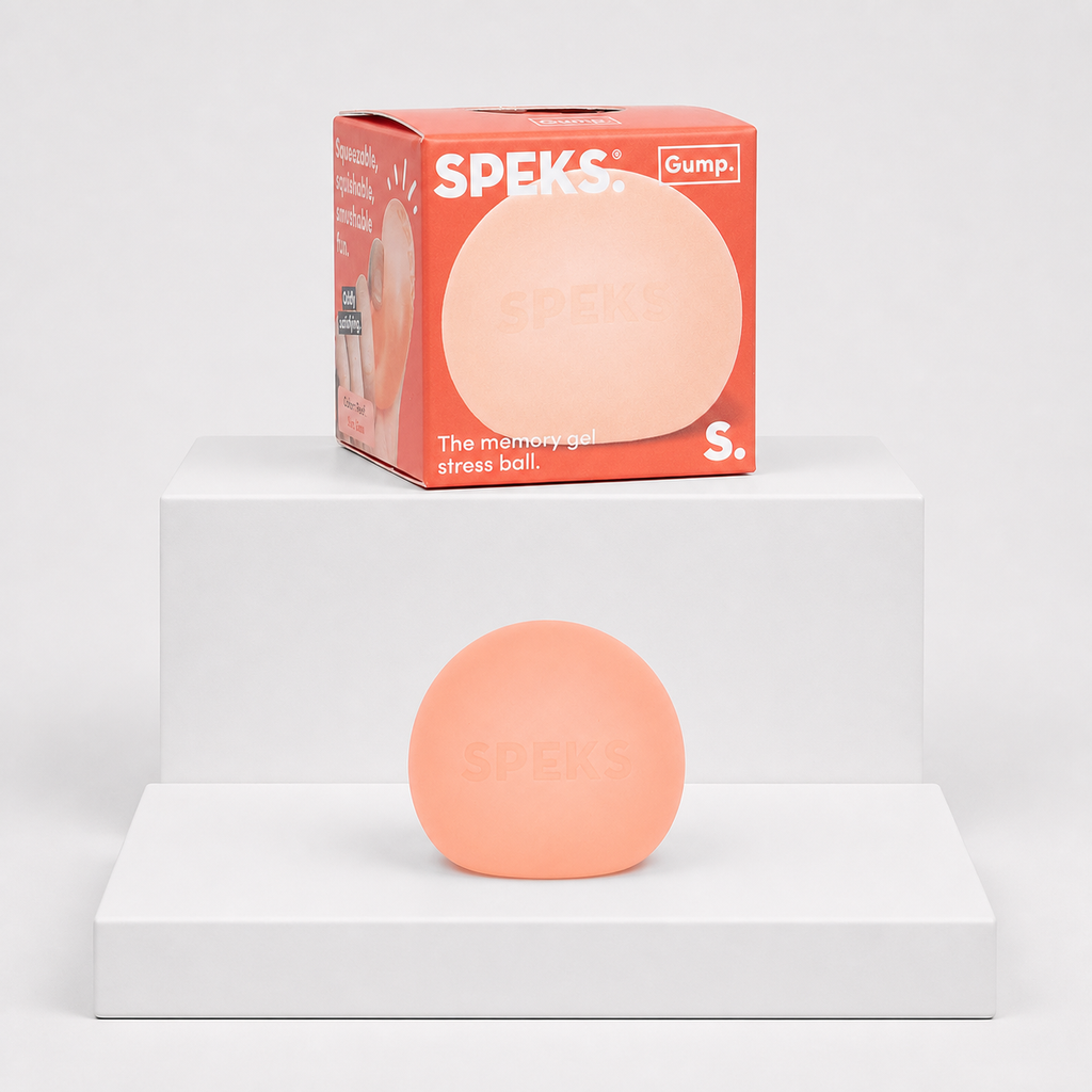 Speks Gump Memory Gel Stress Ball in Reef with matching coral retail package
